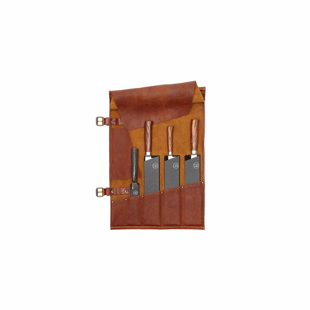 LIGHT BROWN LEATHER ROLL FOR 5 KNIVES