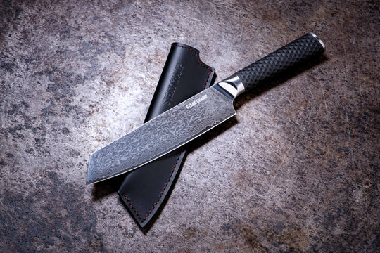 Cuchillo cocinero damasco 20cm “WAGYU” con funda de cuero