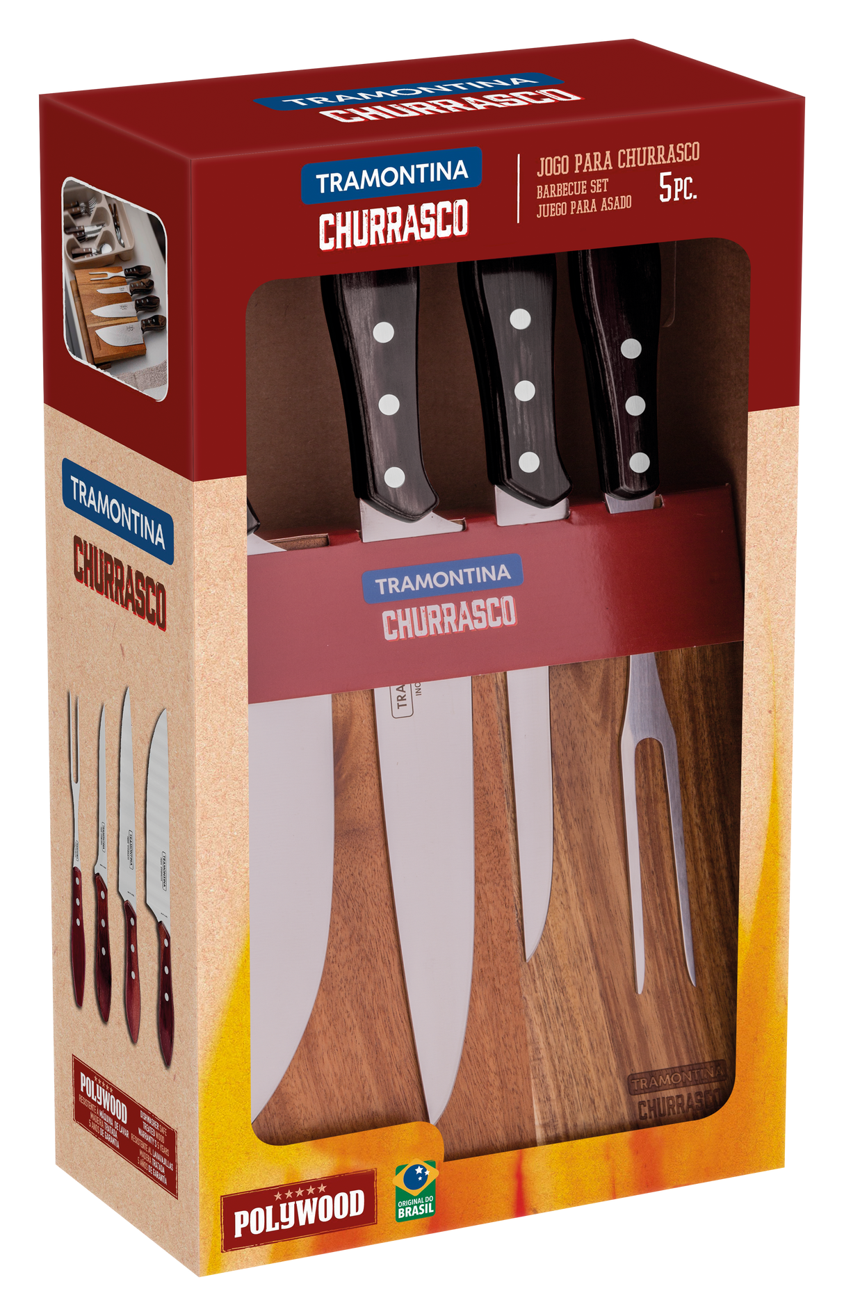 JUEGO 5 PIEZAS CHURRASCO CON STAND MAGNETICO  POLYWOOD